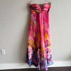 La Femme Womens Rhinestones Embellishments Floral Print Prom Dress Pink Size 4